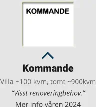 Kommande Villa ~100 kvm, tomt ~900kvm “Visst renoveringbehov.” Mer info våren 2024